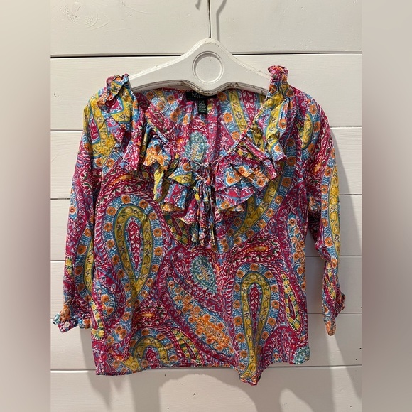 🩷 LAUREN RALPH LAUREN PETITE – Multicolour Paisley Ruffle Blouse – Size PL/G - Picture 2 of 11